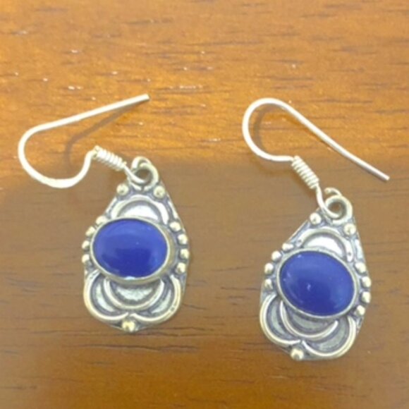 Silver Tone Blue Oval Stone Drop Earrings - Picture 2 of 9